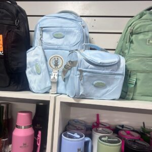 mochila ponchera y cartuchera celeste pastel
